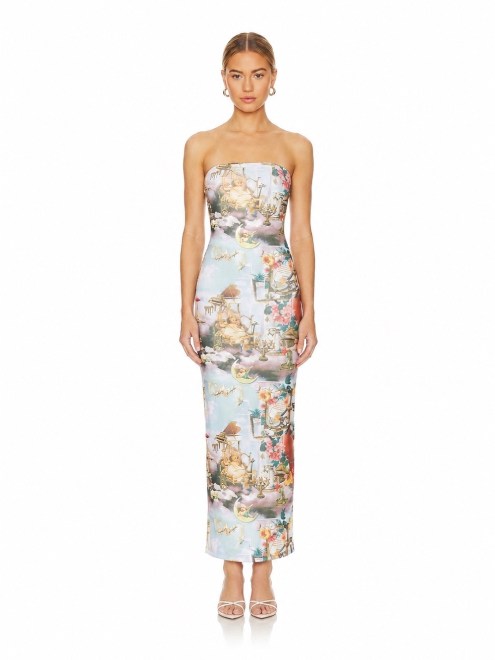 SUPERDOWN Harmony Strapless Mesh Maxi Dress Blue Multi S | Vintage Angel Print
